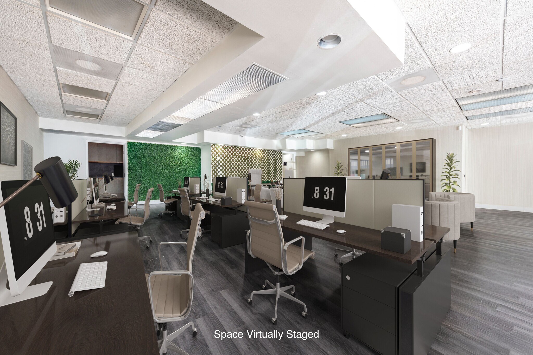 Virtually staged open office concept with workstations and biophilic accent