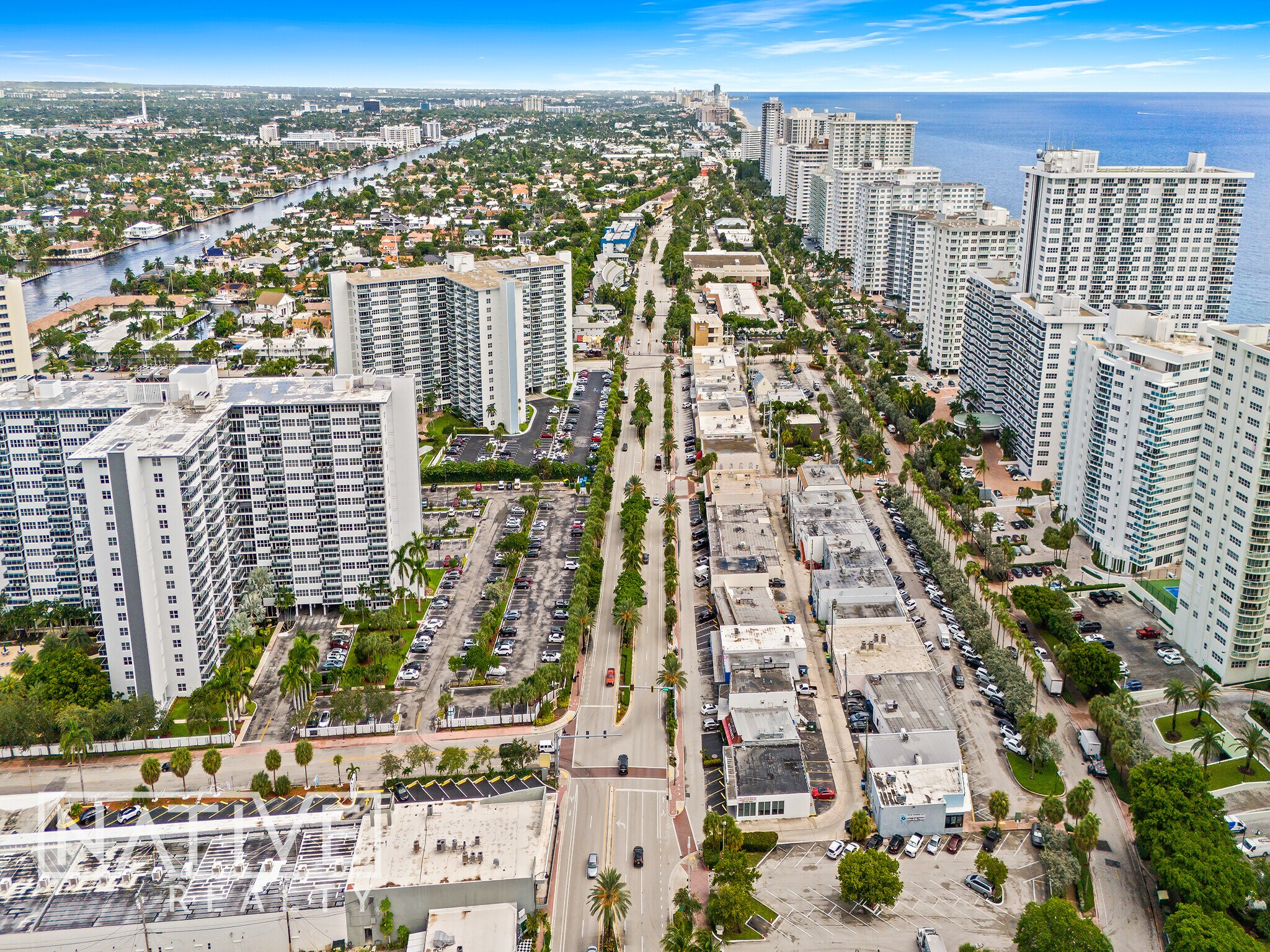 Aerial of Galt Ocean Mile corridor with ocean and Intracoastal